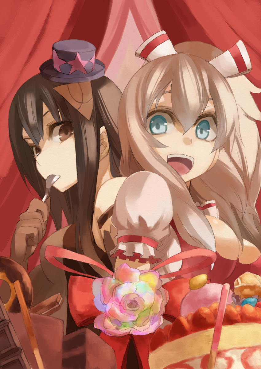 2girls absurdres back-to-back black_hair blue_eyes breasts brown_hair cake candy chocolate chocolate_bar chocolate_cake cleavage curtains donut flower food fruit gloves hat highres long_hair medium_breasts mini_hat mouth_hold multicolored_flower multicolored_rose multiple_girls open_mouth original pepe_(jonasan) rose smile spoon strawberry strawberry_shortcake utensil_in_mouth