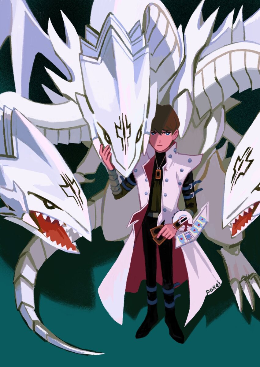 1boy ankle_belt arm_belt arm_up belt belt_buckle black_boots black_pants black_shirt blue-eyes_ultimate_dragon blue_belt blue_eyes boots brown_hair buckle card coat collared_coat colored_skin commentary dragon duel_disk duel_monster english_commentary hair_between_eyes hand_on_another&#039;s_face highres holding holding_card jewelry kaiba_seto long_sleeves looking_at_viewer male_focus multiple_belts necklace open_mouth pants popped_collar poxeii scales sharp_teeth shirt shirt_tucked_in short_hair solo spikes standing teeth tongue two-sided_coat two-sided_fabric white_coat white_skin yu-gi-oh! yu-gi-oh!_duel_monsters