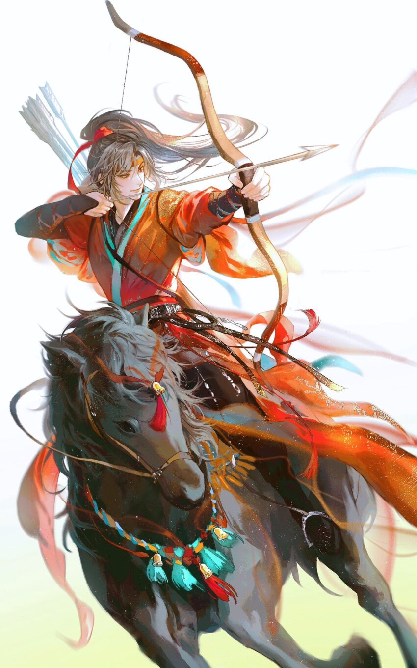 1boy archery arrow_(projectile) artist_name bell belt black_hair blurry bow_(weapon) bridle brown_eyes chinese_clothes chinese_commentary closed_mouth depth_of_field hair_ribbon hanfu headband high_ponytail highres holding holding_bow_(weapon) holding_weapon horse horseback_archery horseback_riding keru233 long_hair long_sleeves looking_to_the_side modao_zushi patterned_clothing ponytail quiver red_hanfu red_headband red_ribbon red_sash ribbon riding sash smile solo stirrups_(riding) tassel weapon wei_wuxian white_background