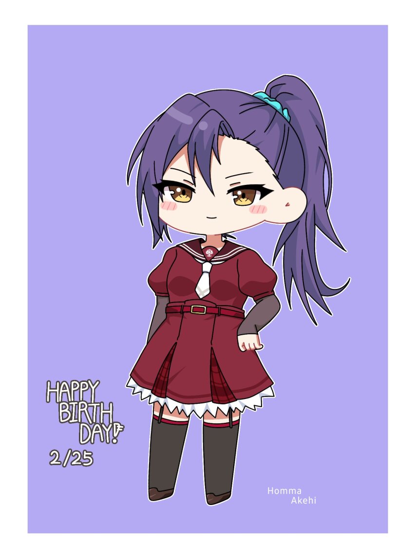 1girl arm_at_side assault_lily asymmetrical_bangs belt belt_buckle black_thighhighs blush border brown_sailor_collar brown_shoes buckle character_name chibi closed_mouth commentary full_body garter_straps hair_between_eyes hand_on_own_hip happy_birthday high-waist_skirt high_ponytail highres honma_akehi kanba_girls_high_school_uniform layered_sleeves long_hair long_sleeves looking_at_viewer miniskirt necktie outline ponytail puffy_short_sleeves puffy_sleeves purple_background purple_hair red_belt red_skirt sailor_collar school_uniform serafuku shoes short_necktie short_sleeves side_ponytail simple_background skirt sleeves_past_wrists smile solo standing thighhighs white_border white_necktie white_outline yellow_eyes yui_(yui1115_) zettai_ryouiki