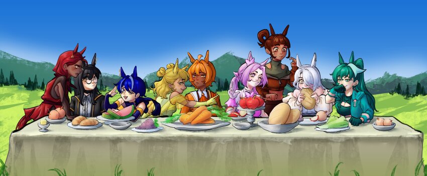 6+girls absurdres animal_ears apple aqua_hair bandaid bandaid_on_cheek bandaid_on_face black_hair blonde_hair blue_hair blue_sky blush bread brown_hair bullet&#039;n_board carrot comely_material_morning cyan_(horse_race_tests) dark-skinned_female dark_skin day door_knob_(horse_race_tests) double_bun downtown_skybox eating fine_art_parody food fruit grapes hair_bun hair_over_one_eye hair_rings highres holding holding_food horse_ears horse_girl horse_race_tests horse_tail jovial_merryment lightning_strikes_thrice long_hair looking_at_another mountainous_horizon multiple_girls orange_hair outdoors parody pink_hair ponytail red_hair resolute_mind_afternoon short_hair sky superstitional_realism table tail tail_under_clothes tashvaliant the_last_supper tree white_hair