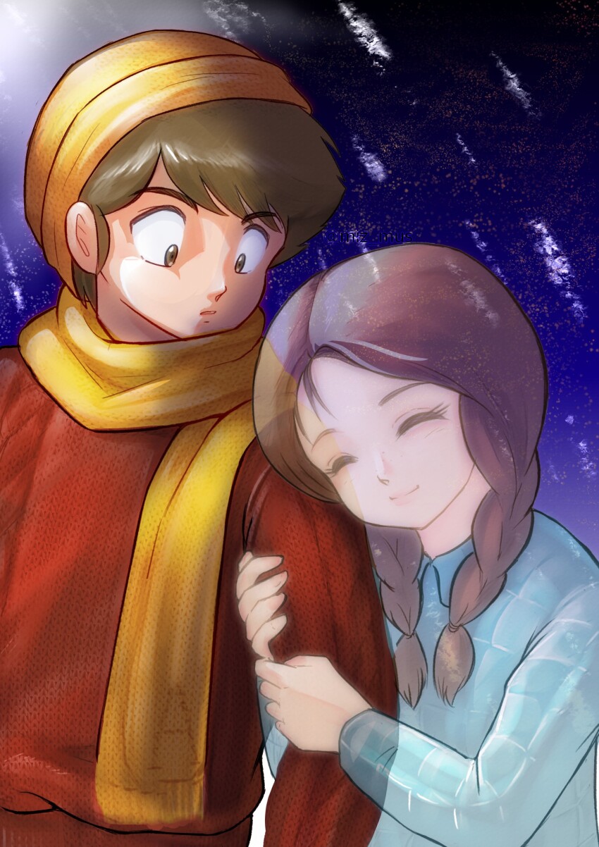 1boy 1girl ^_^ arm_hug artist_name blue_pajamas braid brown_eyes brown_hair closed_eyes closed_mouth clothes_writing commentary_request ghost hair_over_shoulder happy head_on_another&#039;s_shoulder highres hug looking_at_another looking_to_the_side miz_mus moroboshi_ataru night nozomi_(urusei_yatsura) outdoors pajamas parted_bangs parted_lips red_sweater scarf see-through_body smile snowing standing sweater turning_head twin_braids twitter_username urusei_yatsura winter yellow_scarf