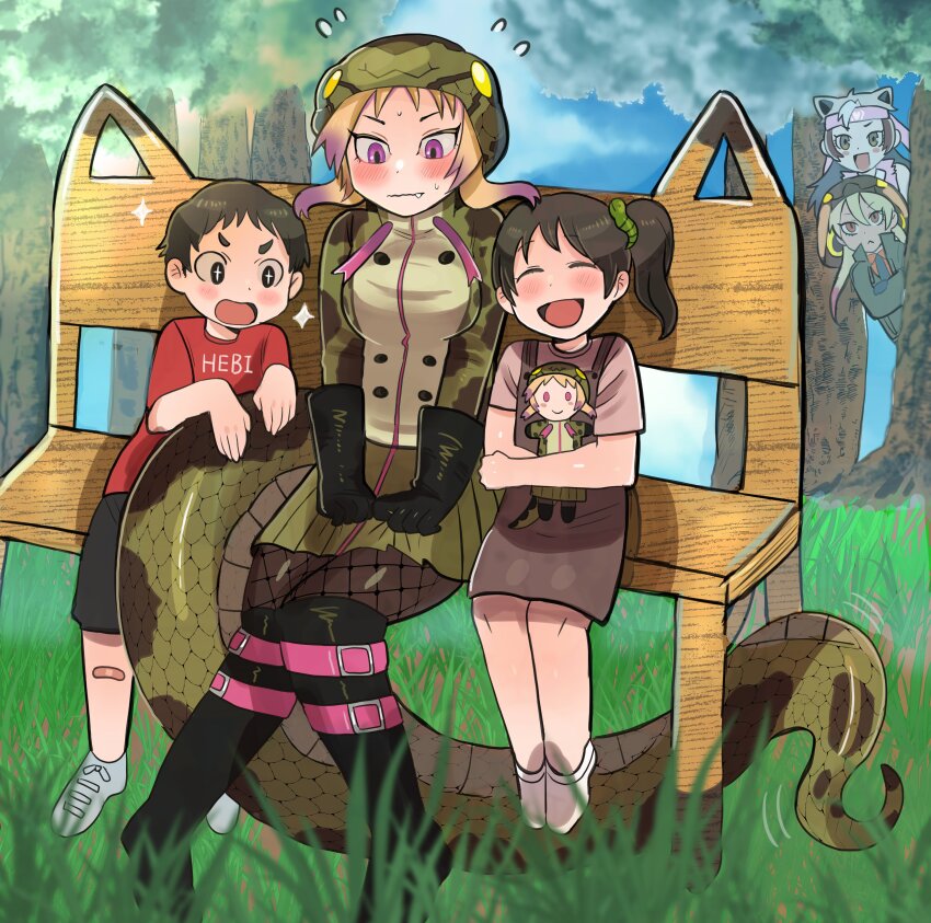 1boy 4girls absurdres african_rock_python_(kemono_friends) animal_ears animal_hood bandaid bandaid_on_leg bear_ears bench black_hair blonde_hair blush boots brown_hair character_doll child closed_mouth crossed_arms doll drawstring dress excited extra_ears ezo_brown_bear_(kemono_friends) fang fang_out fishnet_pantyhose fishnets flustered flying_sweatdrops foot_dangle gloves green_skirt grey_hair happy headband highres holding holding_doll hood hood_up igarashi_(nogiheta) jacket kemono_friends kemono_friends_3 king_cobra_(kemono_friends) knees_together_feet_apart leaning_to_the_side long_hair long_sleeves long_tail looking_at_another looking_down miniskirt multicolored_hair multiple_girls on_bench open_mouth outdoors pantyhose peeking_out pink_hair print_hood print_jacket purple_eyes shirt shoes short_hair short_sleeves side_ponytail sitting skirt smile snake_hood snake_print snake_tail sweat tail tan two-tone_hair wavy_mouth
