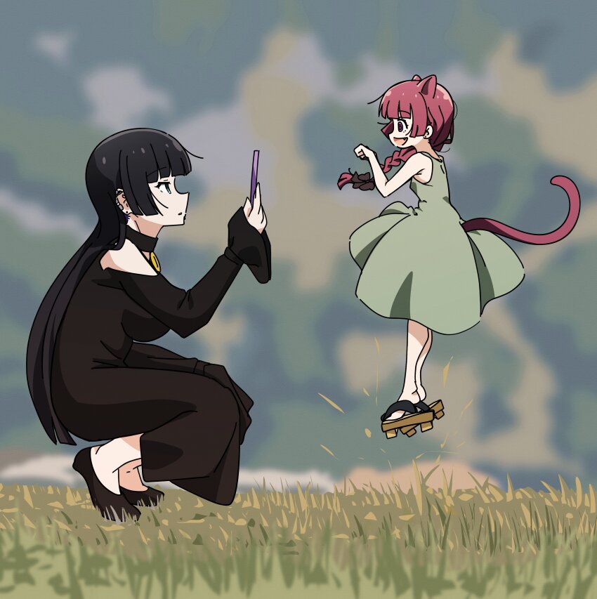 2girls absurdres animal_ears black_dress black_hair black_shoes bocchi_the_rock! braid cat_ears cat_tail cellphone clothing_cutout dress earclip forced_perspective from_side geta goumonsha grass green_dress highres hiroi_kikuri holding holding_phone jumping kemonomimi_mode long_hair multiple_girls open_mouth outdoors pa-san paw_pose phone profile purple_eyes red_hair shoes shoulder_cutout single_braid sleeveless sleeveless_dress smartphone squatting tail taking_picture