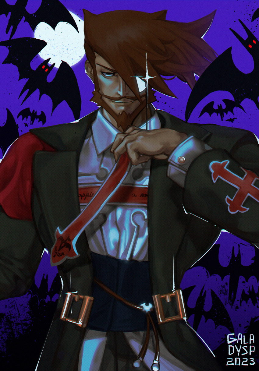 1boy absurdres adjusting_clothes adjusting_necktie bat_(animal) beard black_jacket brown_hair cape capelet cross dated facial_hair fang full_moon galadysp glint guilty_gear guilty_gear_xrd highres jacket long_hair looking_at_viewer male_focus monocle moon mustache necktie night obi obijime red_cape red_capelet red_necktie sash shirt sideburns signature slayer_(guilty_gear) smile upper_body vampire white_shirt