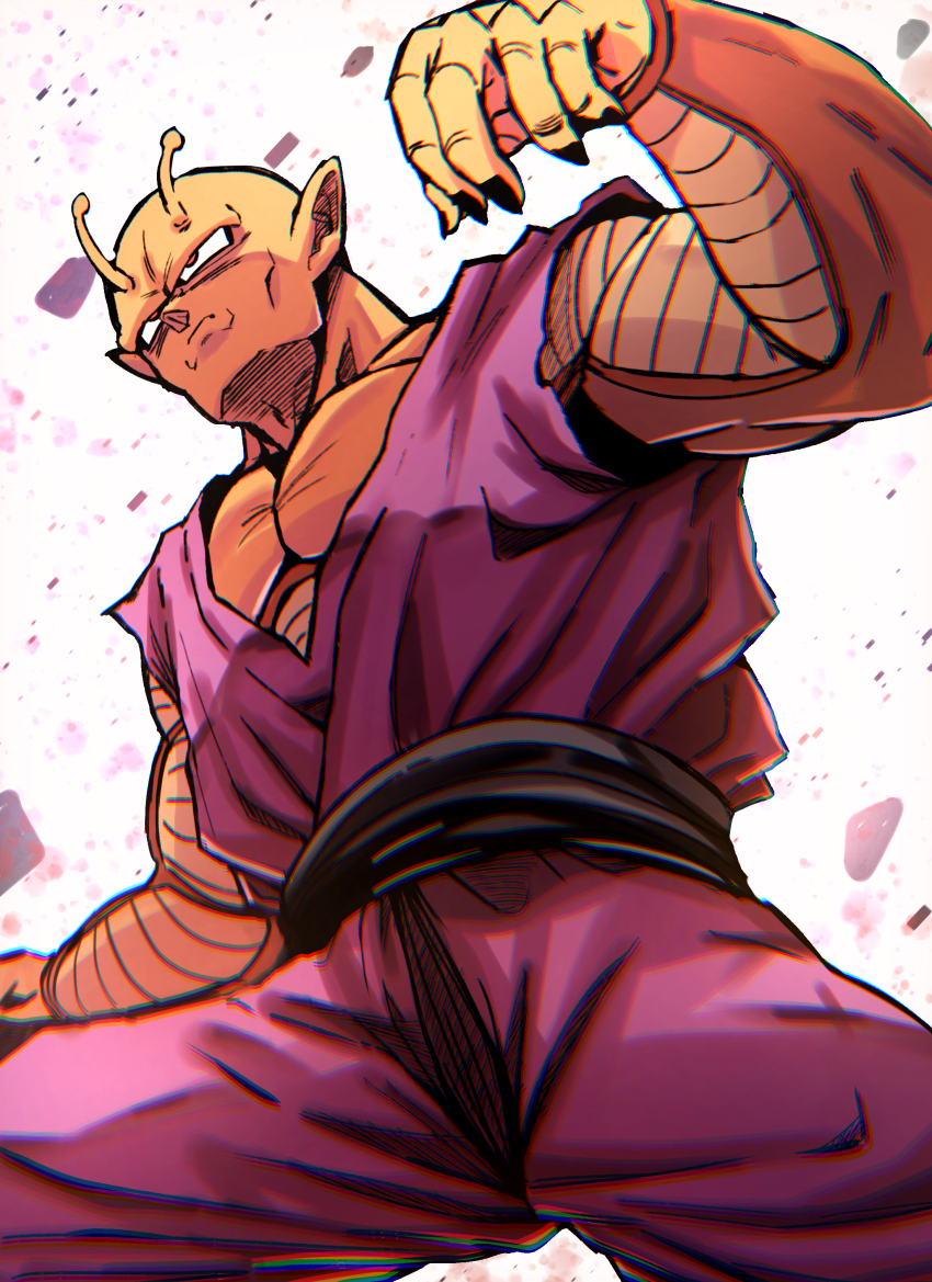 1boy absurdres alien antennae black_nails black_sash chiro_illust closed_mouth colored_skin commentary_request debris dragon_ball dragon_ball_super dragon_ball_super_super_hero from_below highres looking_ahead male_focus muscular muscular_male nose orange_piccolo orange_skin pants pectorals piccolo purple_pants purple_vest red_eyes sash solo vest white_background