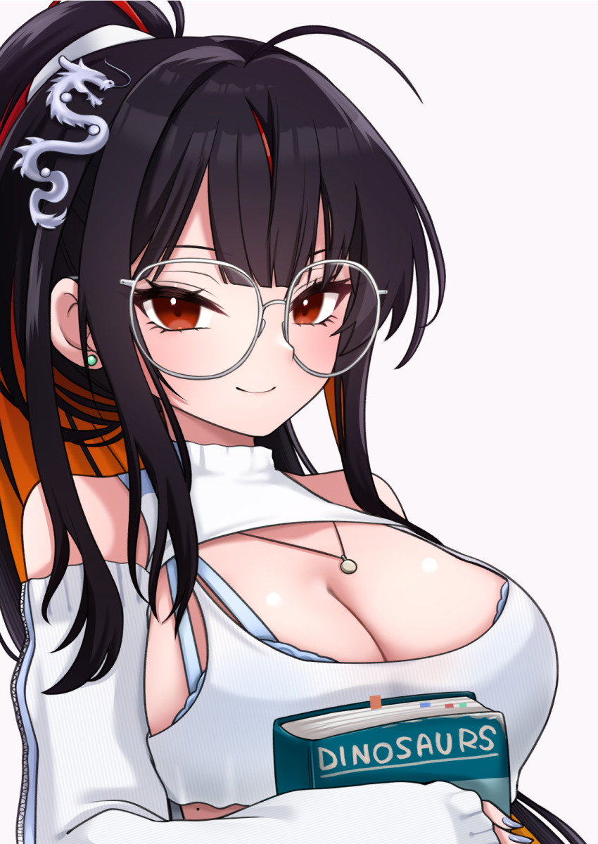 1girl bare_shoulders black_hair blush book breasts chiji_komari cleavage colored_inner_hair commentary_request detached_sleeves dragon_hair_ornament earrings glasses goddess_of_victory:_nikke grey_nails hair_ornament highres holding holding_book jewelry large_breasts long_eyelashes looking_at_viewer moran_(nikke) multicolored_hair necklace orange_eyes ponytail sidelocks sleeveless smile solo stud_earrings sweater upper_body white_background