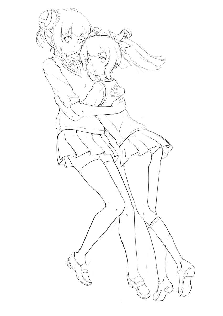 2girls :o absurdres acfun acfun_girl arms_around_waist bun_cover collared_shirt double_bun from_side full_body greyscale hair_bun hair_ornament hands_on_another&#039;s_back highres hug lineart loafers looking_at_viewer miniskirt monochrome multiple_girls mutual_hug necktie panties pantyshot pleated_skirt reed_girl school_uniform shirt shoes short_hair skirt sleeves_pushed_up socks sweater_vest thighhighs twintails underwear white_background yunshi_tiankeng