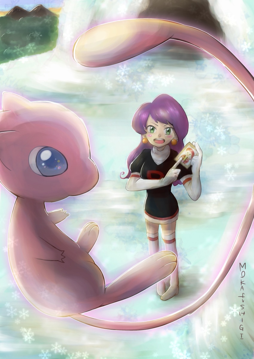1girl 1other absurdres artist_name black_dress blush boots breasts curvy dress earrings elbow_gloves eye_contact floating full_body gen_1_pokemon gloves green_eyes highres jessie_(pokemon) jewelry legendary_pokemon long_hair looking_at_another medium_breasts mew_(pokemon) miyamoto_(pokemon) mocha_fushigi mokafushigi mythical_pokemon nintendo outdoors pale_skin photo_(object) pigeon-toed pointing pokemon pokemon_(anime) pokemon_(classic_anime) pokemon_(creature) purple_hair short_dress snowflakes sphere_earrings standing team_rocket team_rocket_uniform thigh_boots thighhighs white_footwear white_gloves zettai_ryouiki