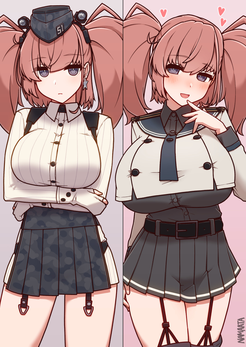 1girl absurdres atlanta_(kancolle) belt black_belt black_hat black_sailor_collar black_shirt black_skirt breasts brown_hair cosplay dress_shirt earrings garrison_cap garter_straps gloves grey_eyes hat heart highres huge_breasts jewelry kantai_collection long_sleeves looking_at_viewer miniskirt namaata noshiro_(kancolle) noshiro_kai_ni_(kancolle) noshiro_kai_ni_(kancolle)_(cosplay) partially_fingerless_gloves pleated_skirt sailor_collar sailor_shirt shirt single_earring skirt star_(symbol) star_earrings two_side_up white_gloves