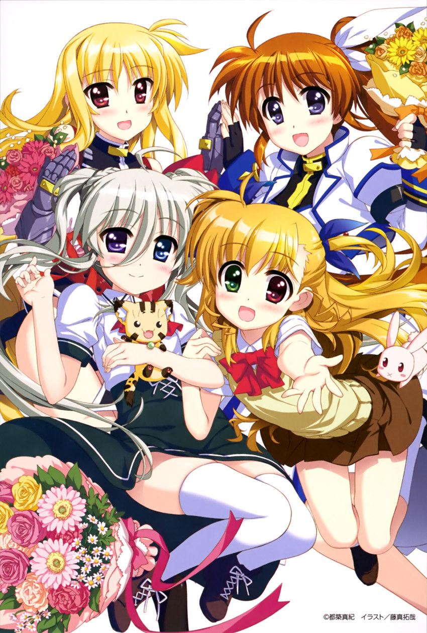4girls :d ahoge baby&#039;s-breath black_gloves blonde_hair blue_eyes blue_ribbon blush bouquet bow bowtie brown_hair brown_skirt einhard_stratos fate_testarossa fingerless_gloves flower fujima_takuya full_body gauntlets gloves hair_ribbon heterochromia highres holding holding_bouquet locked_arms long_hair looking_at_viewer lyrical_nanoha mahou_shoujo_lyrical_nanoha mahou_shoujo_lyrical_nanoha_vivid miniskirt multiple_girls official_art open_mouth orange_flower orange_ribbon pink_flower pleated_skirt purple_eyes red_eyes red_flower red_neckwear ribbon shirt short_sleeves side_ponytail silver_hair simple_background skirt smile sweater takamachi_nanoha thighhighs twintails very_long_hair vivio white_background white_legwear white_ribbon white_shirt yellow_flower yellow_sweater