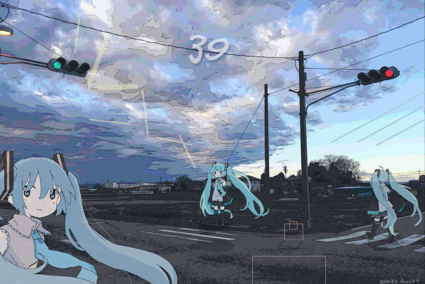 39 3girls ahoge black_footwear black_skirt black_sleeves blue_eyes blue_hair blue_necktie blush boots clone closed_mouth collared_shirt crosswalk dated detached_sleeves facing_away floating_hair floating_neckwear fumiko_(rubra_plumeria) grey_shirt hair_ornament hatsune_miku highres house intersection long_hair long_sleeves looking_at_viewer multiple_girls necktie outdoors photo_background pleated_skirt power_lines road shirt signature skirt sleeves_past_fingers sleeves_past_wrists smile square thigh_boots traffic_light translucent twintails very_long_hair vocaloid wide_shot