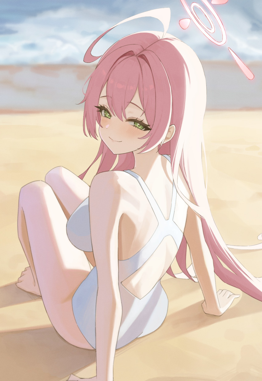 1girl ahoge arm_support barefoot beach blue_archive blurry blurry_background breasts casual_one-piece_swimsuit closed_mouth commentary_request criss-cross_back-straps crossed_bangs day dori_(choejeongmin7) from_behind green_eyes hair_between_eyes halo hanako_(blue_archive) highres knees_up large_breasts long_hair looking_at_viewer looking_back one-piece_swimsuit outdoors pink_hair pink_halo sitting smile solo swimsuit very_long_hair white_one-piece_swimsuit