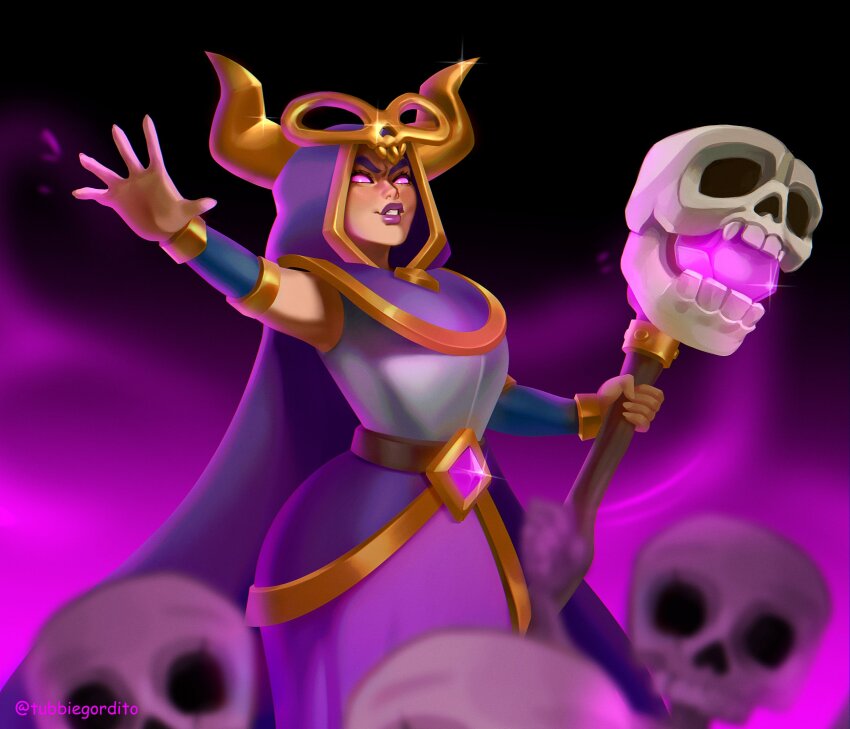 1girl artist_name cape clash_royale dress highres holding holding_staff looking_at_viewer magic purple_cape purple_dress purple_eyes purple_hood skull solo staff tubbiegordito witch_(clash_of_clans) witch_(clash_of_clans)_(evolution)