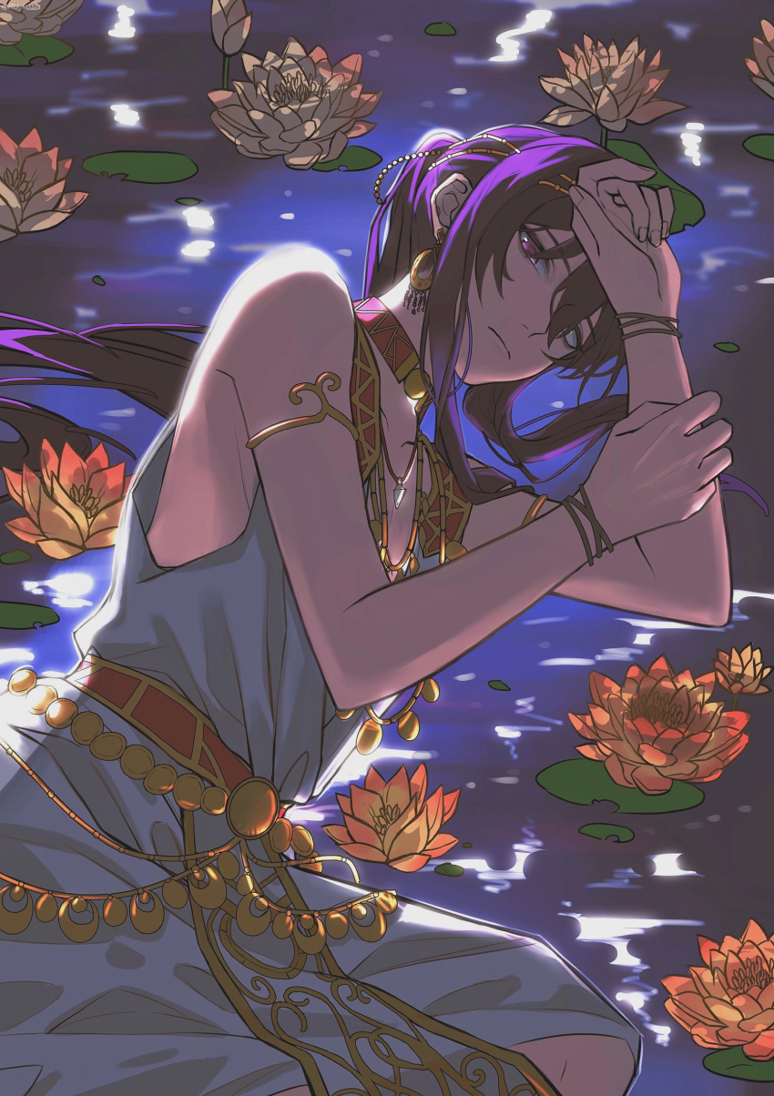 1boy absurdres armlet backlighting belt brown_belt brown_bracelet choker clenched_hand closed_mouth collarbone cowboy_shot earrings ensemble_stars! expressionless flower gold_armlet gold_belt gold_earrings gold_necklace hair_between_eyes hand_on_own_forehead hands_up highres jewelry kanzaki_souma knee_up lily_pad long_hair looking_at_viewer lotus low-cut_armhole lying male_focus necklace night official_alternate_costume on_side pond ponytail purple_eyes purple_hair robe sidelocks solo water white_robe xima716 yellow_flower