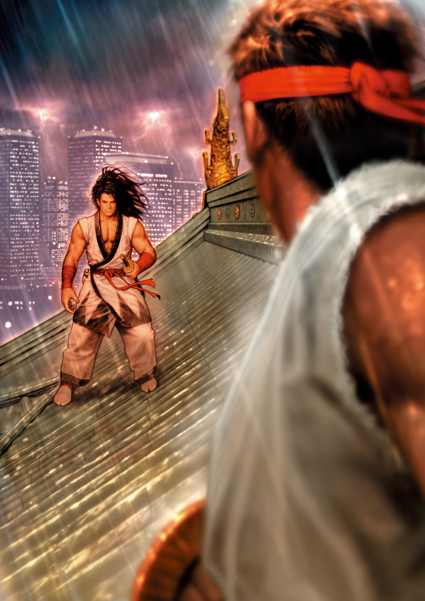 absurdres arm_at_side black_hair capcom_vs_snk_2 dougi fighting_stance from_behind game_cg haoumaru headband highres holding holding_sheath katana long_hair mori_toshiaki muscular muscular_male non-web_source official_art on_roof rain red_headband rooftop ryu_(street_fighter) samurai samurai_spirits sheath street_fighter sword the_king_of_fighters weapon