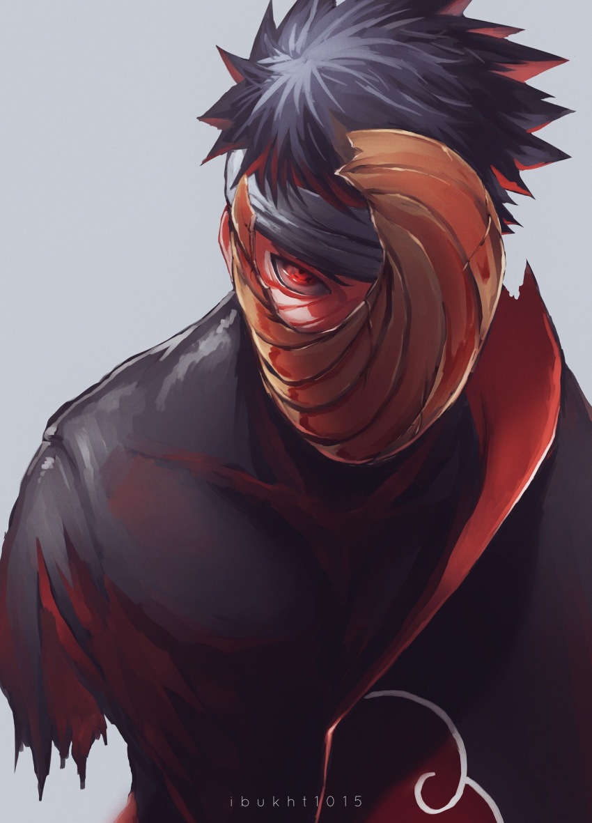 1boy akatsuki_uniform amputee artist_name bandaged_head bandages black_hair broken_mask commentary highres ibuo_(ibukht1015) male_focus mask masked_madara naruto_(series) naruto_shippuuden one_eye_covered red_eyes sharingan short_hair solo tobi_(naruto) uchiha_obito