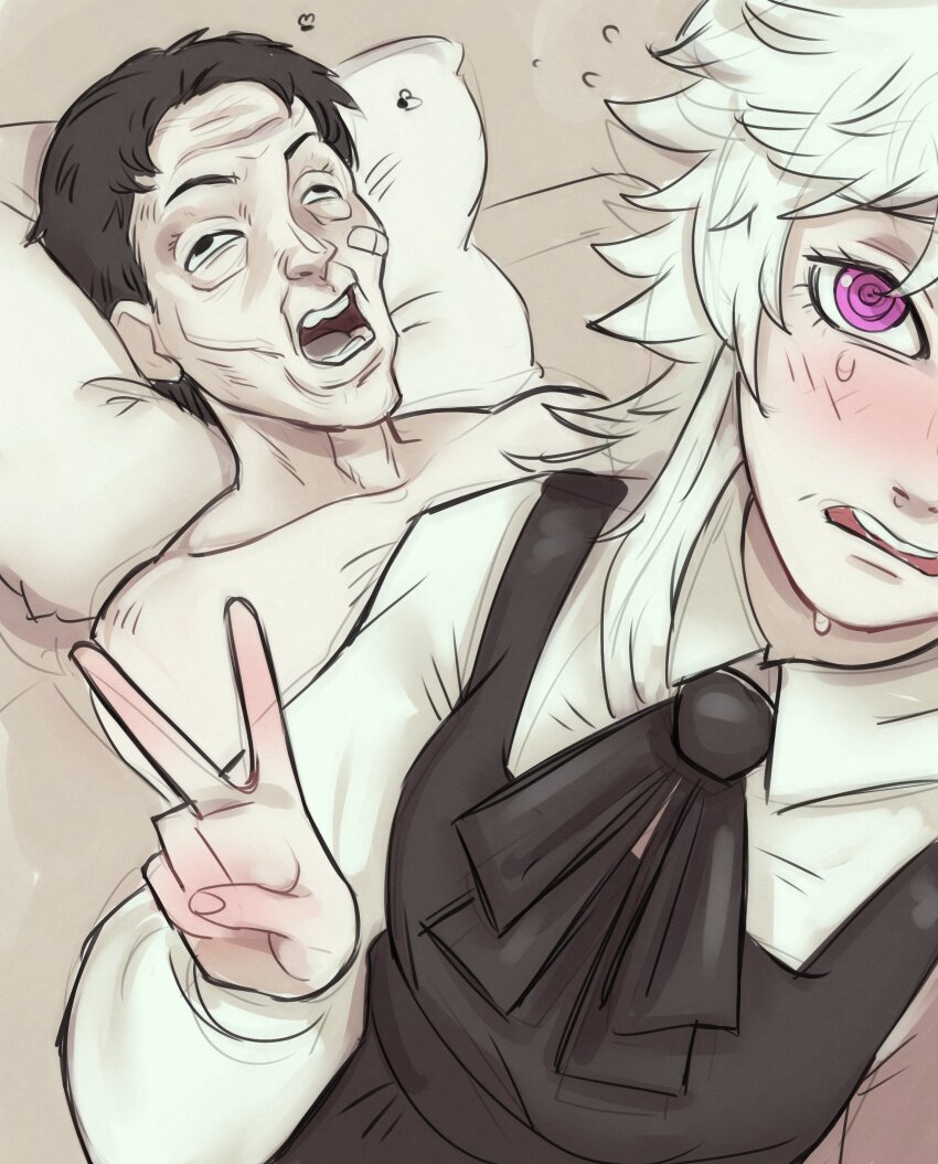 1boy 1girl absurdres bandaid_boy_(chainsaw_man) black_dress black_hair blush bug chainsaw_man corpse dress fly fourth_east_high_school_uniform guy_tired_after_sex_(meme) highres insect kirtome meme meme_request messy_hair nose_blush open_mouth pillow purple_eyes ringed_eyes school_uniform selfie shirt teeth upper_teeth_only v white_hair white_haired_girl_(chainsaw_man) white_shirt