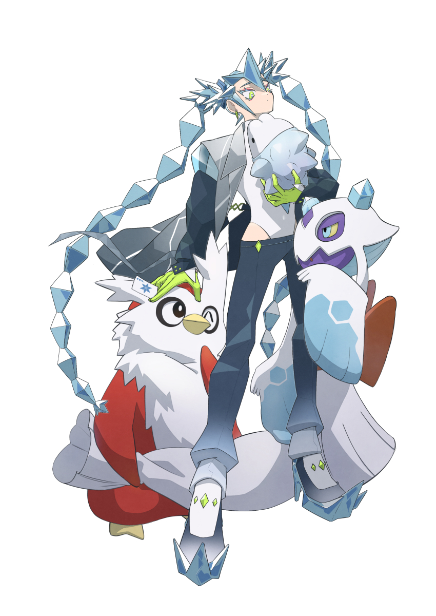 1girl absurdres colored_eyelashes crystal_hair delibird froslass gen_2_pokemon gen_4_pokemon gen_8_pokemon gloves gradient_clothes gradient_jacket gradient_pants green_gloves hatsune_miku heattech_leotard highres ice_hair ice_miku_(project_voltage) jacket nintendo pants pokemon pokemon_(creature) project_voltage sandogasa snom spiked_hair tottori_otori twintails vocaloid