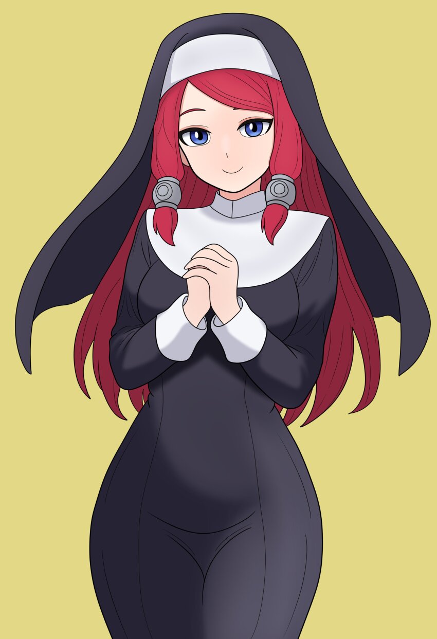 1girl absurdres black_dress blazblue blue_eyes bojack198 breasts cowboy_shot dress hair_tubes highres large_breasts long_hair long_sleeves nun own_hands_clasped own_hands_together praying red_hair smile solo traditional_nun tsubaki_yayoi yellow_background