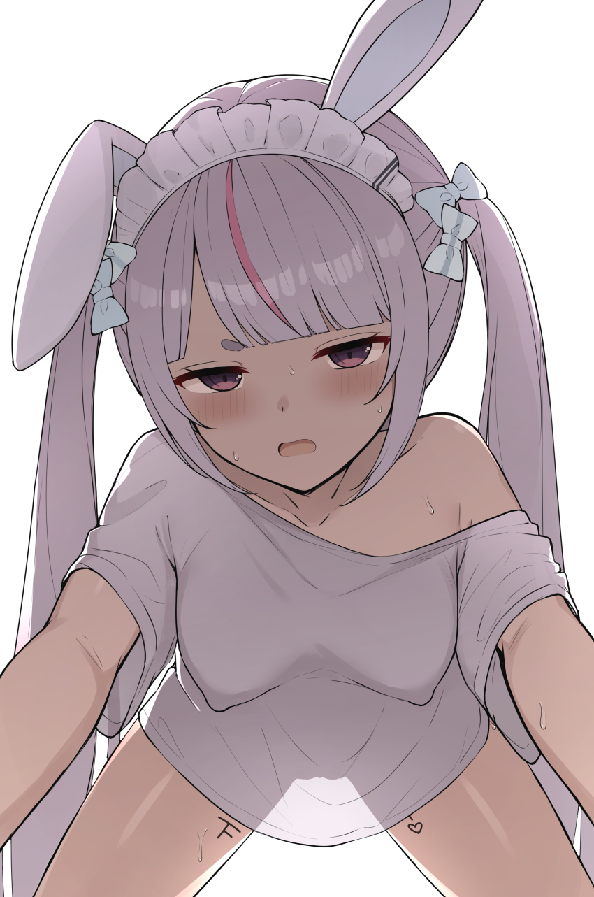 1girl absurdres animal_ears blush body_writing bow breasts commentary_request covered_erect_nipples fake_animal_ears frilled_hairband frills hair_bow hairband half-closed_eyes highres looking_at_viewer medium_breasts moriartea multicolored_hair naked_shirt off_shoulder open_mouth purple_eyes purple_hair rabbit_ears red_hair see-through_silhouette shirt simple_background solo streaked_hair sweat tally tosaki_mimi twintails two-tone_hair virtual_youtuber vspo! white_background white_hairband white_shirt