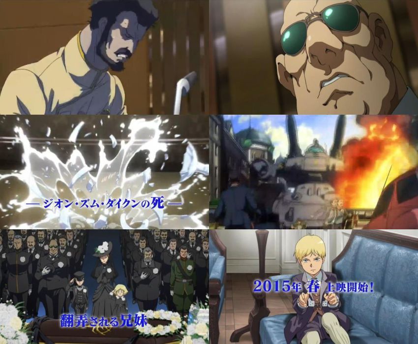 bald blonde_hair broken_glass char_aznable coffin cuffs degwin_sodo_zabi funeral gihren_zabi glass glasses gundam guntank handcuffed handcuffs mecha mobile_suit_gundam mobile_suit_gundam_the_origin robot salute sayla_mass screencap sunglasses aged_down zeon_zum_deikun