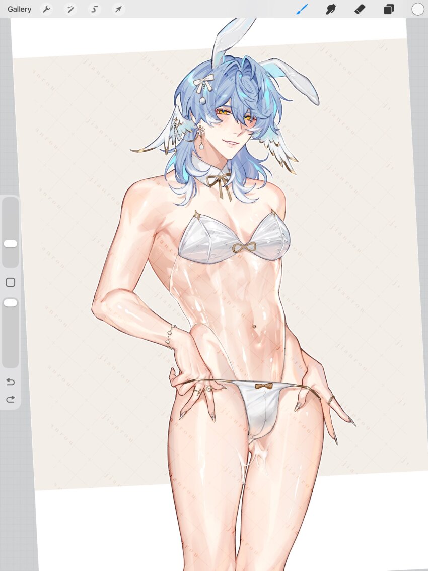 1boy alternate_costume animal_ears art_program_in_frame blue_hair blush bulge cowboy_shot crossdressing crossdressing_(mtf) cum cum_on_body cum_on_legs detached_collar earrings fake_animal_ears fingernails gluteal_fold hair_between_eyes head_wings highres honkai:_star_rail honkai_(series) jewelry male_focus medium_hair multicolored_hair multiple_rings navel navel_piercing no_halo panties parted_lips piercing rabbit_ears ring rourouki sharp_fingernails smile solo standing streaked_hair sunday_(honkai:_star_rail) teeth thighs thong too_many_watermarks transparent_leotard two-tone_hair underwear watermark white_hair white_panties wings yellow_eyes