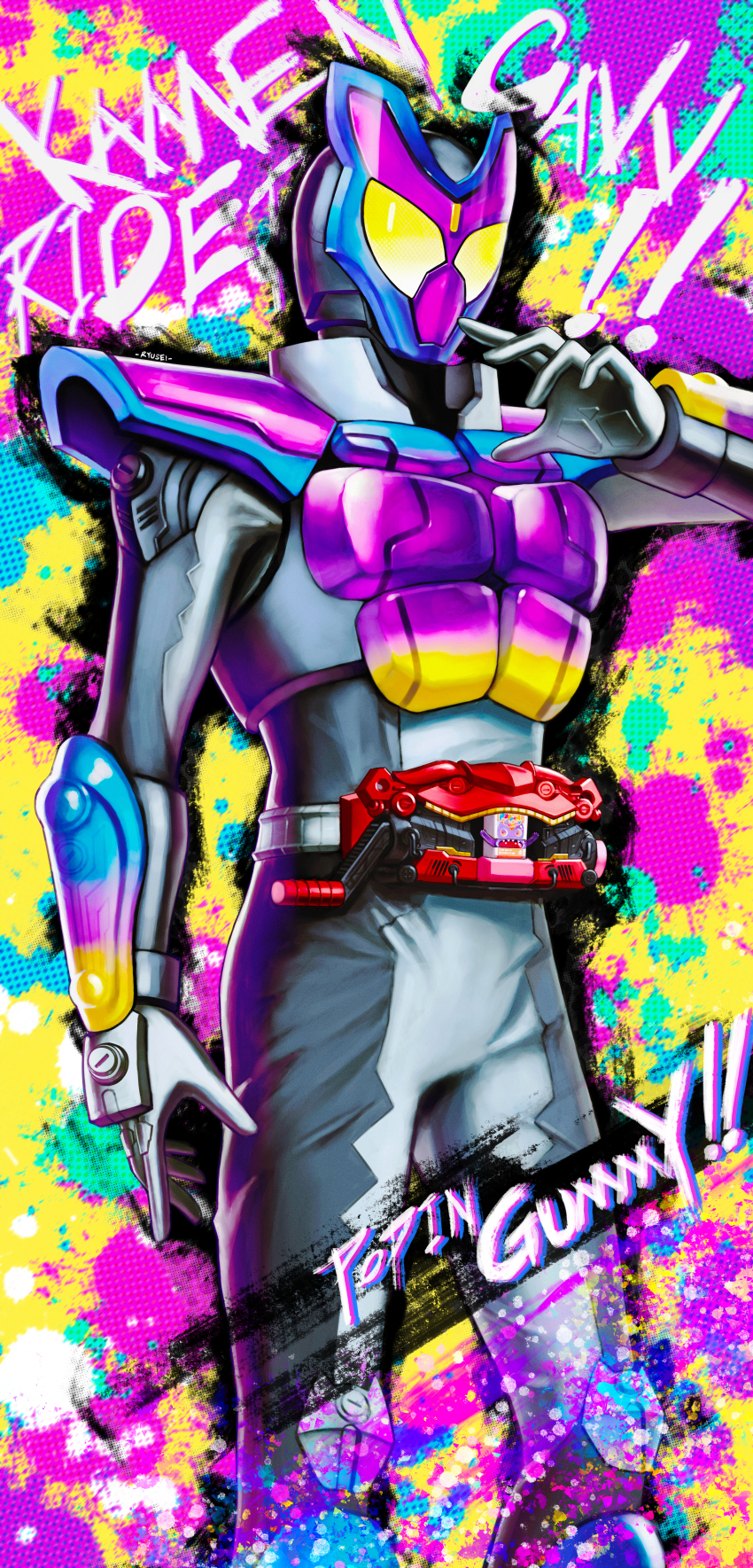 1boy absurdres adk-em armor artist_name bandai bandai_namco body_armor character_name compound_eyes full_body gochizou gummy_candy henshin_belt_gavv highres ishimori_prod kamen_rider kamen_rider_gavv kamen_rider_gavv_(poppingummy_form) kamen_rider_gavv_(series) kooun_no_ryuusei_zero male_focus poppin_gummy_gochizou purple_armor rider_belt toei_company tokusatsu tv_asahi yellow_eyes