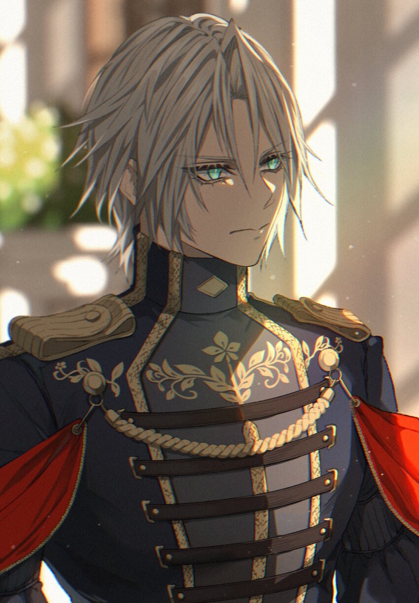 1boy aged_down aiguillette black_jacket blurry blurry_background bright_pupils bush commentary day final_fantasy final_fantasy_vii final_fantasy_vii_ever_crisis floral_print gold_trim green_eyes grey_hair highres indoors jacket light_particles looking_to_the_side lyell_ff14 male_focus military_jacket military_uniform morning official_alternate_costume sephiroth sephiroth_(ever_crisis) sephiroth_(shinra_formal_uniform) serious short_hair shoulder_boards slit_pupils solo symbol-only_commentary upper_body