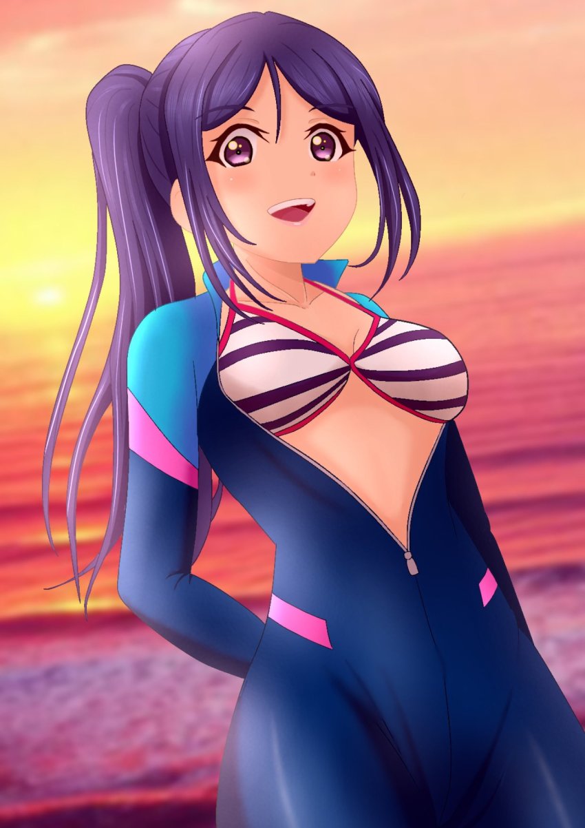 1girl arms_behind_back artist_name artist_request bikini bikini_top_only bikini_under_clothes blue_bikini blue_bodysuit blue_hair blush bodysuit breasts center_opening cleavage cloud collarbone day diving diving_suit female_focus freediving front-tie_bikini_top front-tie_top hair_between_eyes halterneck high_ponytail highres long_hair looking_at_viewer love_live! love_live!_school_idol_festival love_live!_sunshine!! matsuura_kanan medium_breasts open_bodysuit open_clothes outdoors parted_lips ponytail purple_eyes sky smile solo string_bikini striped_bikini striped_bikini_top striped_clothes sunset swimsuit teeth unzipped wetsuit white_bikini zipper zipper_pull_tab