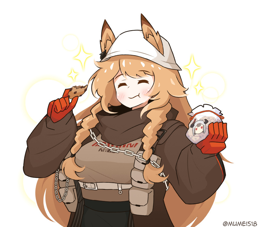 1girl ^_^ absurdres animal_ears arknights belt belt_buckle black_skirt blush braid breasts brown_coat brown_hair brown_scarf brown_sweater buckle cameo ceobe_(arknights) ceobe_(unfettered)_(arknights) chain chest_belt chewing chocolate_chip_cookie closed_eyes closed_mouth coat commentary cookie dog_ears dog_girl ears_through_headwear eating english_commentary food gloves grey_belt hands_up hat high_belt highres holding holding_food long_hair long_sleeves medium_breasts mumei518 official_alternate_costume open_clothes open_coat orange_gloves pouch puffy_long_sleeves puffy_sleeves scarf side_braids skirt smile solo sparkle sweater twin_braids twitter_username upper_body vulcan_(arknights) wavy_mouth white_background white_hat