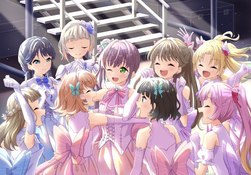 6+girls :d ;d ^_^ anyoji_hime aqua_hair arm_up armpit_crease aurora_flower_(love_live!) backstage bare_shoulders black_hair blonde_hair blue_eyes blue_gloves blue_hair blue_shirt blunt_bangs blush bob_cut braid brown_hair butterfly_hair_ornament butterfly_wings center-flap_bangs closed_eyes colored_inner_hair commentary_request cross-laced_clothes cross-laced_top crossed_bangs curtained_hair diagonal_bangs elbow_gloves fake_wings fang fujishima_megumi gloves gradient_hair green_eyes grey_hair hair_bun hair_ornament hairband half-closed_eyes half_up_braid happy_tears highres hinoshita_kaho insect_wings inverted_bob kachimachi_kosuzu link!_like!_love_live! long_hair love_live! low_twintails medium_hair momose_ginko multicolored_hair multiple_girls murano_sayaka official_alternate_costume one_eye_closed open_mouth orange_hair osawa_rurino otomune_kozue own_hands_together parted_bangs pink_gloves pink_hair pink_shirt ponytail profile purple_hair purple_shirt qy73 raised_fist red_hair shirt short_hair side_ponytail sidelocks single_side_bun sleeveless sleeveless_shirt smile stairs streaked_hair swept_bangs tearing_up tears teeth twintails two_side_up u_u upper_teeth_only virtual_youtuber white_hairband wings yugiri_tsuzuri