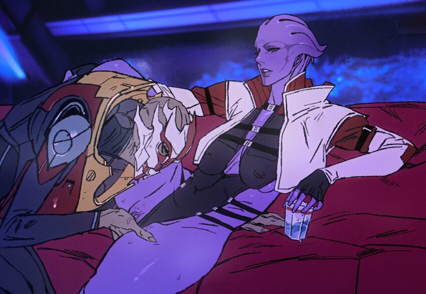 2girls after_cunnilingus alcohol alien aria_t&#039;loak_(mass_effect) asari_(mass_effect) assertive_female bald bald_female black_leotard blue_eyes breasts cbb_(tuucoo) chest_harness clothed_sex clothing_aside colored_pussy colored_skin couch covered_erect_nipples cropped_jacket cup facial_mark fewer_digits fingering green_eyes grey_skin harness holding holding_cup interspecies large_breasts leg_up leotard leotard_aside mass_effect_(series) mass_effect_3 mature_female multiple_girls nipple_piercing nyreen_kandros piercing purple_pussy purple_skin pussy short_hair sideboob spread_legs tentacle_hair thick_thighs thighs turian uncensored yuri
