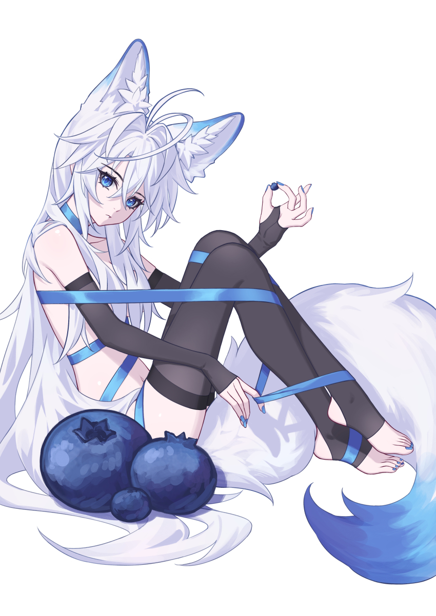 1girl absurdres animal_ear_fluff animal_ears black_sleeves black_thighhighs blue_eyes blue_nails blue_ribbon blueberry commentary extra_ears fingerless_gloves food fox_ears fox_girl fox_tail from_side fruit gloves hair_between_eyes highres holding holding_food holding_fruit knees_up long_hair looking_at_viewer luo_shun_yao meng_xi_xuan nail_polish naked_ribbon navel original parted_lips ribbon sidelocks simple_background sitting solo stirrup_legwear stomach tail thighhighs toeless_legwear toenail_polish toenails toes very_long_hair white_background white_hair