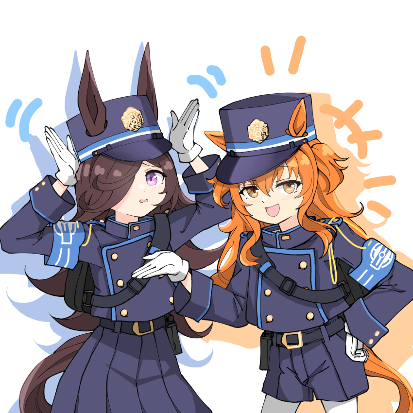 +++ 2girls :d animal_ears armband arms_up belt black_belt blue_archive blue_armband blue_hat blue_jacket blue_shorts blue_skirt brown_eyes brown_hair buttons cosplay cowboy_shot double-breasted ears_through_headwear hair_over_one_eye hand_on_own_hip hand_up hat highres hikari_(blue_archive) hikari_(blue_archive)_(cosplay) horse_ears horse_girl horse_tail hoshitani_mio iwami_manaka jacket long_hair long_sleeves looking_at_viewer mayano_top_gun_(umamusume) metal_jumper513 motion_lines multiple_girls notice_lines nozomi_(blue_archive) nozomi_(blue_archive)_(cosplay) open_mouth orange_hair pantyhose peaked_cap peanut_mouth pleated_skirt purple_eyes rabbit_pose rice_shower_(umamusume) shorts simple_background skirt smile standing tail train_conductor umamusume voice_actor_connection white_background white_pantyhose