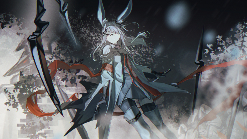1girl absurdres animal_ear_fluff animal_ears arknights black_thighhighs blunt_bangs boots breasts closed_mouth coat commentary cowboy_shot dress frostnova_(arknights) grey_dress grey_eyes grey_hair hair_ornament hair_over_one_eye hairclip highres holding holding_knife holding_weapon knee_boots knife long_hair looking_at_viewer natsuba002 rabbit_ears rabbit_girl scar scar_on_face scar_on_nose small_breasts solo thighhighs weapon white_coat zettai_ryouiki