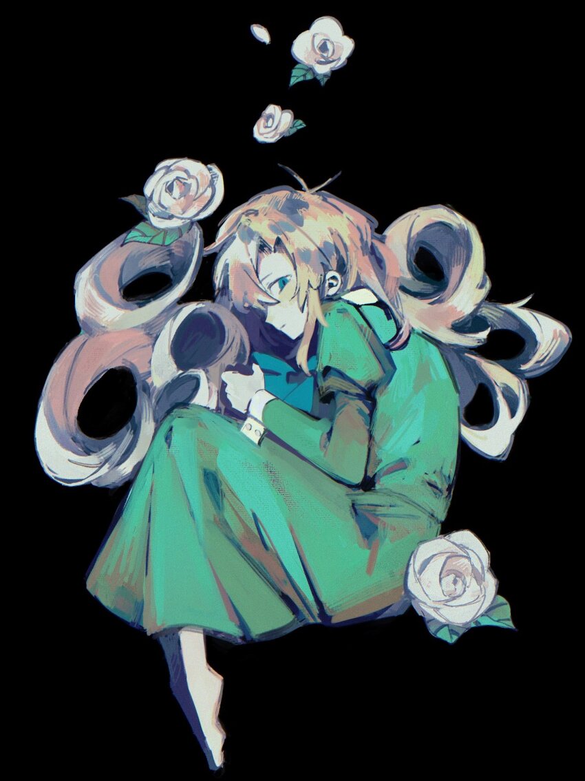 1girl antenna_hair aqua_bow aqua_bowtie aqua_eyes barefoot black_background blonde_hair bow bowtie buttons closed_mouth commentary dress flower from_side full_body green_dress highres hunched_over ib_(kouri) invisible_chair juliet_sleeves knees_up leaf long_dress long_hair long_sleeves looking_at_viewer mary_(ib) painterly plantar_flexion profile puffy_sleeves rose simple_background sitting solo takenaka_(takenaka1111) white_flower white_rose white_sleeve_cuffs
