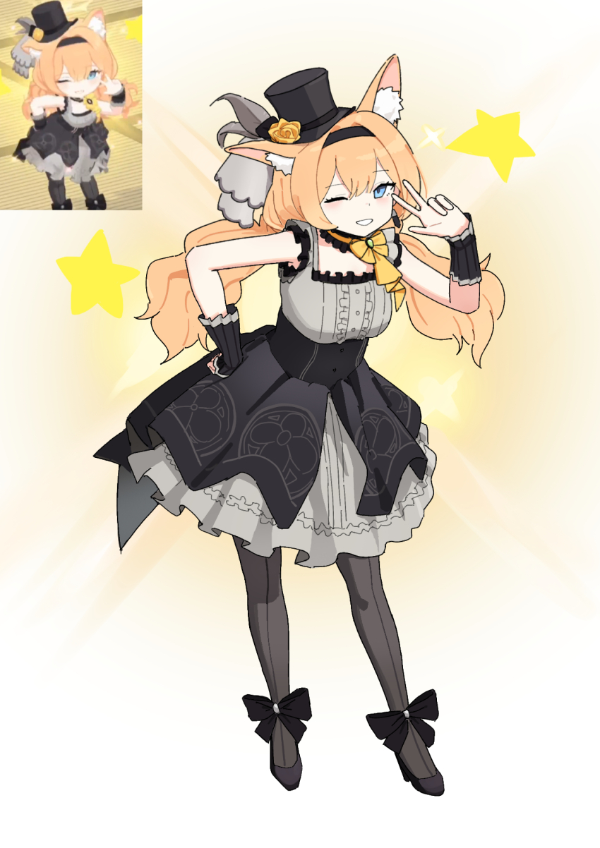 1girl adon_(dufaladanidu) animal_ear_fluff animal_ears black_dress black_hairband black_hat black_pantyhose blue_archive blue_eyes cat_ears dress grin hairband hand_on_own_hip hand_up hat highres long_hair looking_at_viewer mari_(blue_archive) mari_(idol)_(blue_archive) multiple_views one_eye_closed orange_hair pantyhose reference_inset sleeveless sleeveless_dress smile standing w