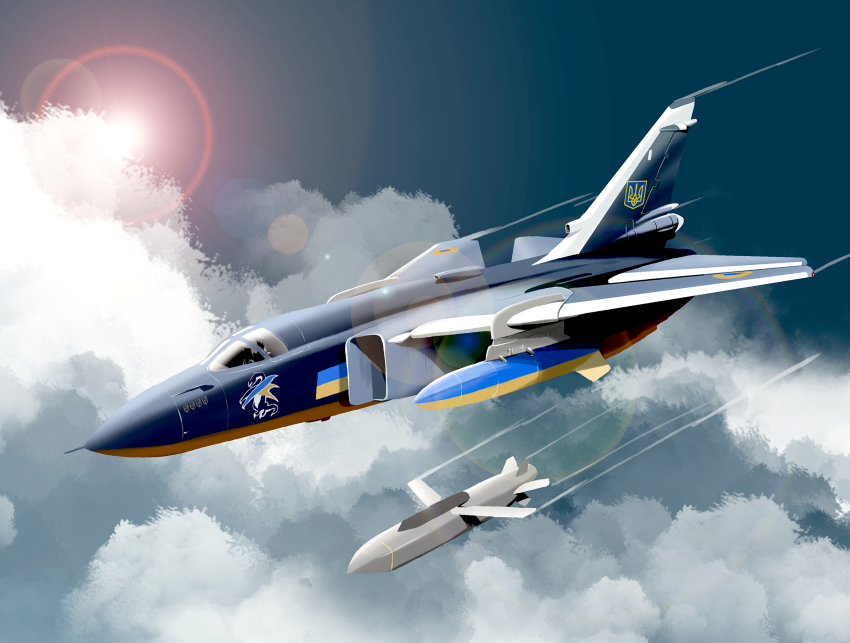 1other aircraft airplane blue_sky cloud cloudy_sky commentary english_commentary fighter_jet highres kill_markings lens_flare matsuda_juukou military military_vehicle missile original pilot russo-ukrainian_war sky solo storm_shadow_(missile) su-24 tryzub ukraine ukrainian_flag vehicle_focus