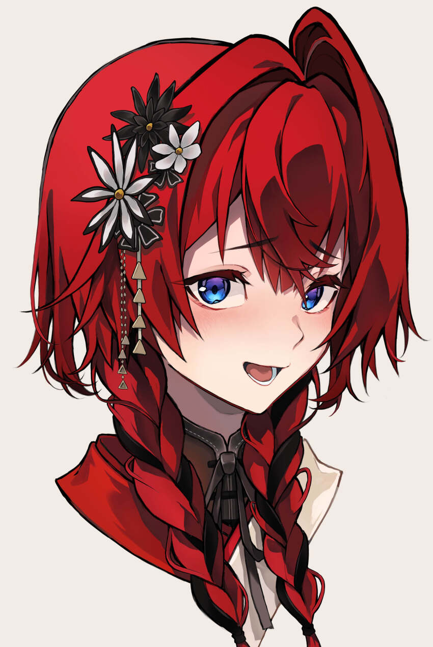1girl absurdres akechi_(akechi_5416) ange_katrina ange_katrina_(new_year) black_flower black_hair blue_eyes blush braid commentary_request cropped_shoulders flower grey_background hair_flower hair_ornament highres looking_at_viewer low_twin_braids lower_teeth_only multicolored_hair nijisanji open_mouth raised_eyebrows red_hair simple_background single_hair_intake smile solo streaked_hair teeth twin_braids two-tone_hair virtual_youtuber white_flower