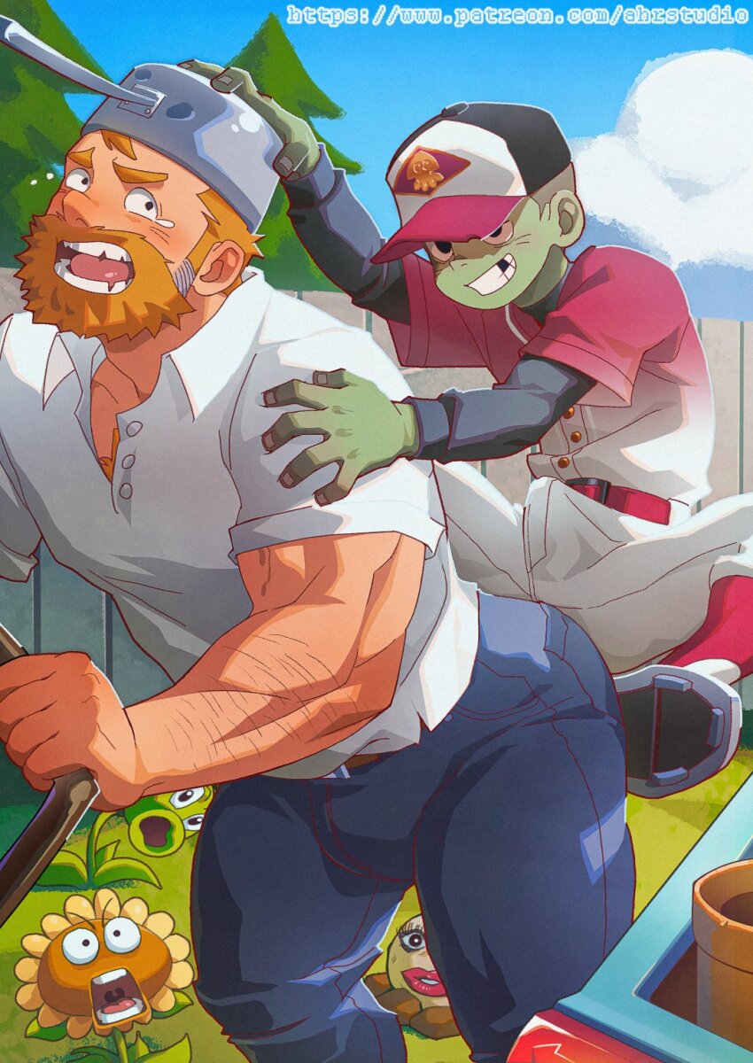 2boys alternate_muscle_size ancpaghetti arm_hair bara baseball_cap baseball_uniform baseball_zombie_(plants_vs_zombies) beard bulge colored_skin commentary_request crazy_dave_(plants_vs_zombies) denim erection erection_under_clothes facial_hair full_beard green_skin hat highres jeans male_focus missing_tooth multiple_boys muscular muscular_male object_on_head open_mouth paid_reward_available pants patreon_username peashooter_(plants_vs_zombies) plants_vs_zombies polo_shirt potato_mine_(plants_vs_zombies) saucepan shirt size_difference sportswear sunflower_(plants_vs_zombies) teeth variant_set white_shirt yaoi zombie