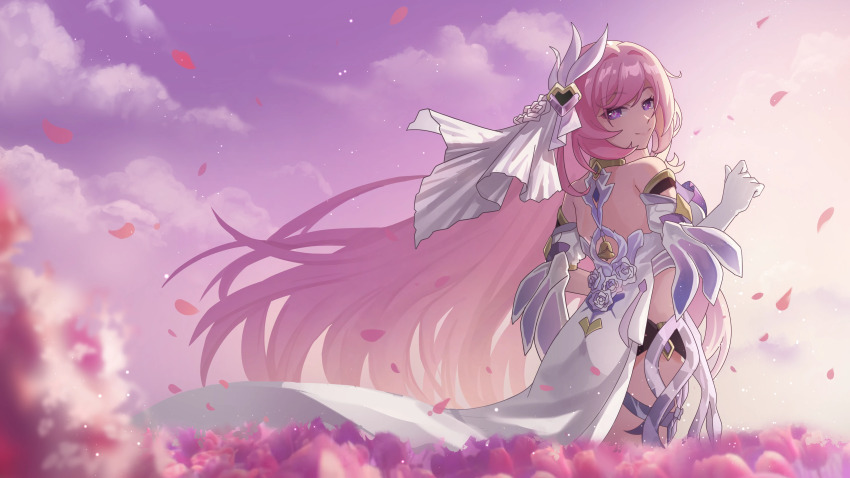 1girl absurdres back breasts corset diamond-shaped_pupils diamond_(shape) elysia_(herrscher_of_human:_ego)_(honkai_impact) elysia_(honkai_impact) falling_petals field flower flower_field gloves henjiwumei highres honkai_(series) honkai_impact_3rd long_hair looking_at_viewer missing_commentary petals pink_flower pink_hair pink_tulip purple_eyes purple_sky sky smile solo symbol-shaped_pupils tulip veil very_long_hair white_corset white_gloves white_veil