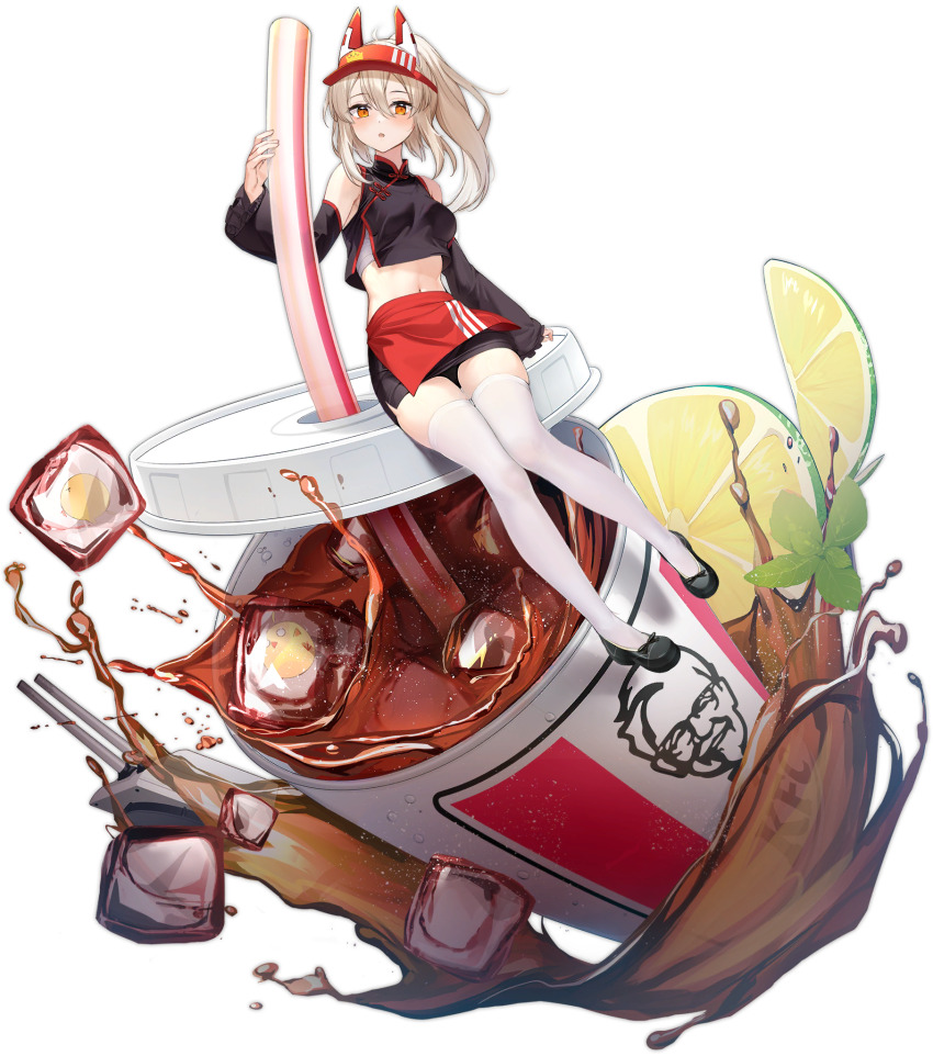 1girl ayanami_(azur_lane) ayanami_(cola_fills_you_with_determination)_(azur_lane) azur_lane bare_shoulders black_footwear commentary_request crop_top cup detached_sleeves disposable_cup drink drinking_straw highres ice ice_cube kfc long_hair long_sleeves looking_at_viewer navel official_alternate_costume official_art ootsuki_momiji orange_eyes ponytail red_headwear sidelocks simple_background sitting soda stomach thighhighs transparent_background white_hair white_thighhighs