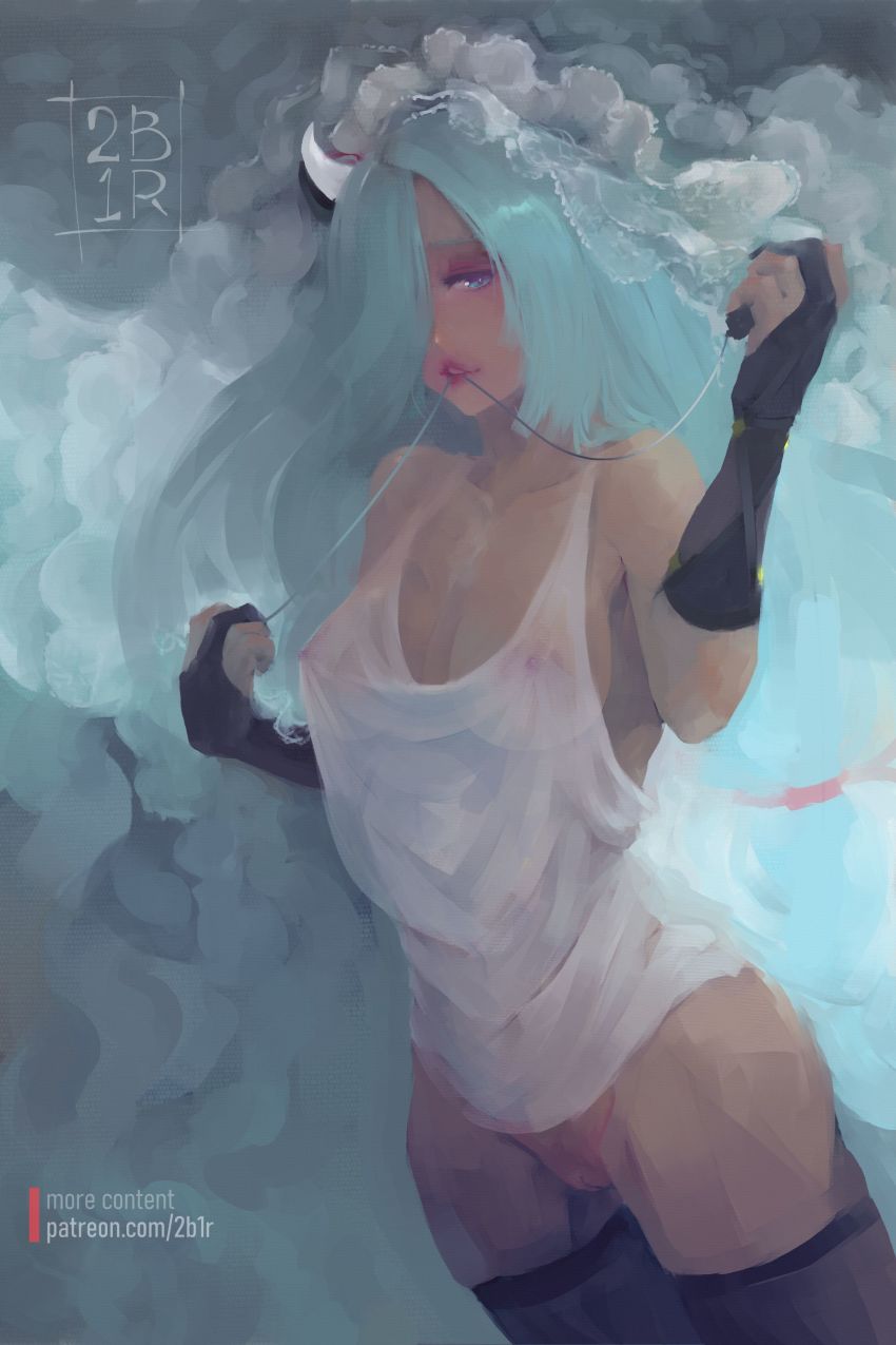 2b1r 2bells1ravine absurdres artistic artistic_nudity blouse blue_hair breasts genshin_impact gloves highres holding_vibrator nipples no_panties one_eye_covered one_eye_obstructed pussy see-through_clothes see-through shenhe_(genshin_impact) shirt thighhighs veil white_shirt wide_hips