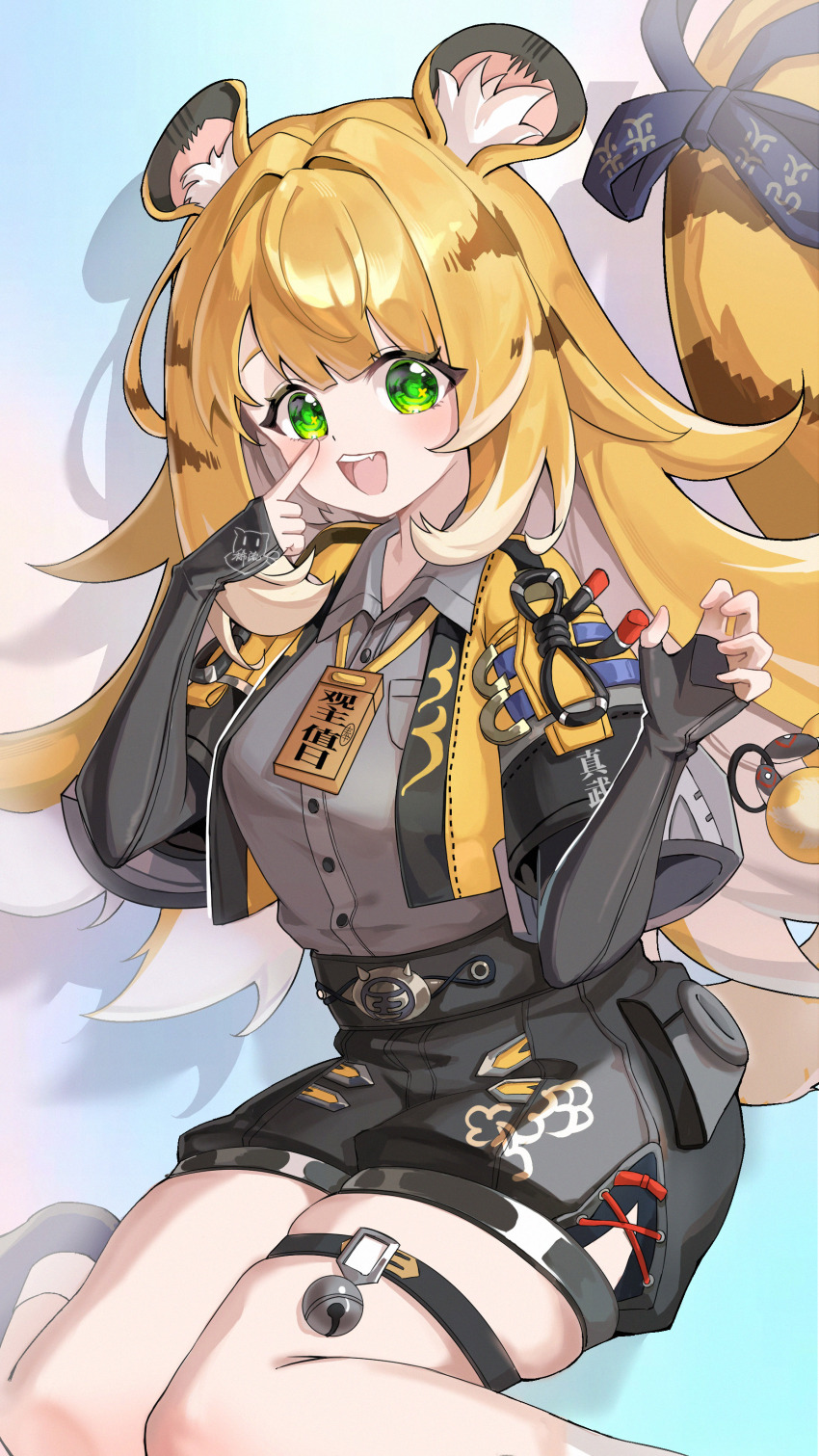 1girl absurdres animal_ear_fluff animal_ears blonde_hair fingerless_gloves gloves green_eyes highres ju_fufu long_hair looking_at_viewer multicolored_hair open_mouth shirt shorts smile solo tail tiger_ears tiger_girl tiger_tail xishuu_(user_dvah3828) zenless_zone_zero