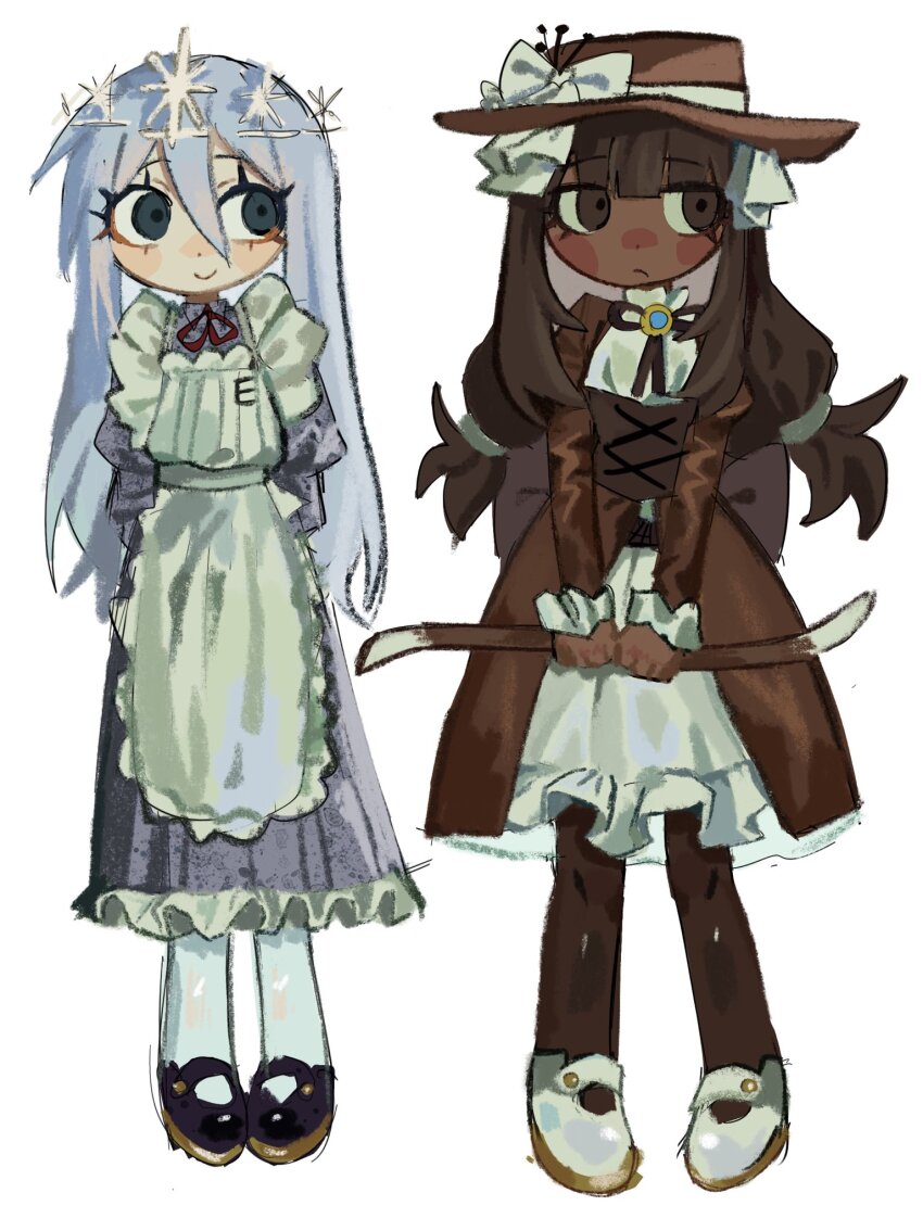 130213aken 2girls apron arms_behind_back black_shoes blue_dress blue_eyes blue_hair bow brown_dress brown_hair brown_hat brown_pantyhose brown_ribbon closed_mouth crown dream_game dress eunoia_(dream_game) frilled_skirt frills full_body hat hat_bow highres juliet_sleeves long_hair long_sleeves low_twintails maid_apron multiple_girls nashatra_bealdhild neck_ribbon pantyhose puffy_sleeves red_ribbon ribbon roblox shoes simple_background skirt smile twintails very_long_hair white_apron white_background white_bow white_pantyhose white_shoes white_skirt