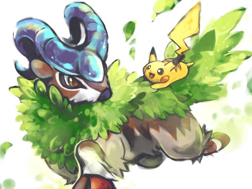animal_focus bright_pupils brown_eyes commentary_request gen_1_pokemon gen_6_pokemon gogoat horns leaf nintendo no_humans pikachu pokemon pokemon_(creature) red_eyes simple_background smile toneko white_background white_pupils