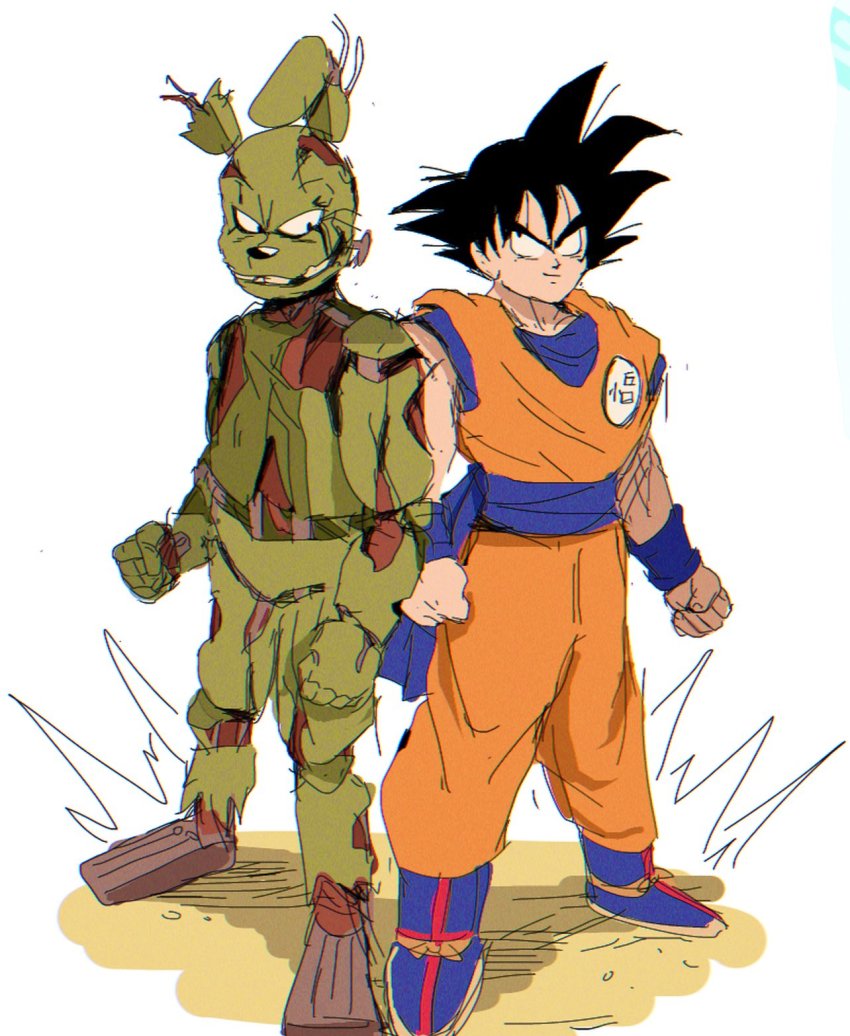 2boys animal_ears bendedede black_hair blue_footwear blue_sash blue_shirt boots clenched_hand clenched_hands collarbone commentary crossover dougi dragon_ball dragonball_z english_commentary five_nights_at_freddy&#039;s full_body hatching_(texture) highres looking_at_another male_focus multiple_boys non-humanoid_robot orange_pants orange_shirt pants parted_lips rabbit_ears robot robot_animal sash shirt simple_background smirk son_goku spiked_hair springtrap standing white_background