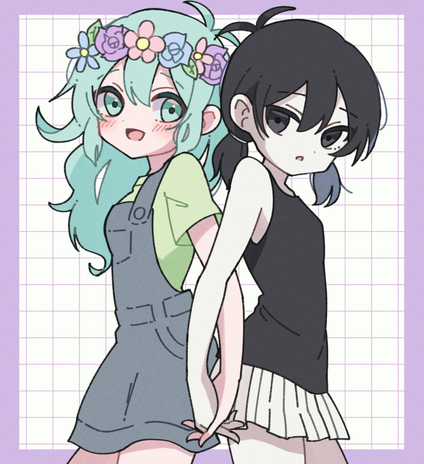 2girls antenna_hair basil_(headspace)_(omori) basil_(omori) black_eyes black_hair black_tank_top blue_overalls blush colored_skin flower genderswap genderswap_(mtf) green_eyes green_hair green_shirt hair_behind_ear head_wreath highres holding_hands kiimorisame long_hair looking_at_viewer low_twintails multiple_girls omori omori_(omori) open_mouth overall_skirt overalls parted_lips pleated_skirt shirt short_hair short_sleeves short_twintails skirt smile tank_top twintails white_skin white_skirt