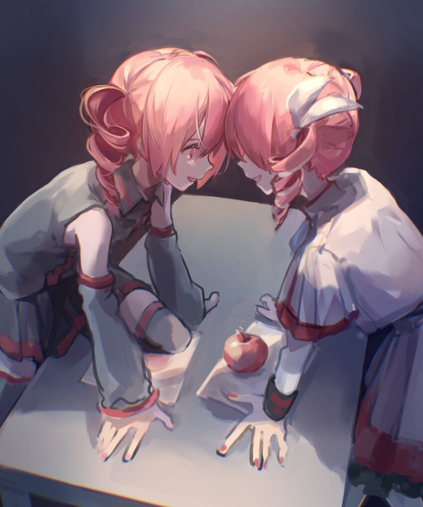 2girls ahoge apple arm_support black_shirt black_skirt black_sleeves black_thighhighs bow commentary detached_sleeves drill_hair dual_persona food forehead-to-forehead fruit grey_jacket grey_skirt hair_bow hair_over_eyes heads_together highres jacket kasane_teto kasane_teto_(sv) kasane_teto_(utau) leaning_forward mi_no_take miniskirt multiple_girls on_one_knee open_mouth pleated_skirt red_eyes red_hair red_nails shirt short_hair skirt sleeveless sleeveless_shirt smile synthesizer_v table thighhighs twin_drills uniform utau white_bow wrist_cuffs